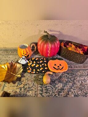 Fall Harvest Halloween Small Decor Lot Pumpkin Country Serving Trey; Basket; Etc